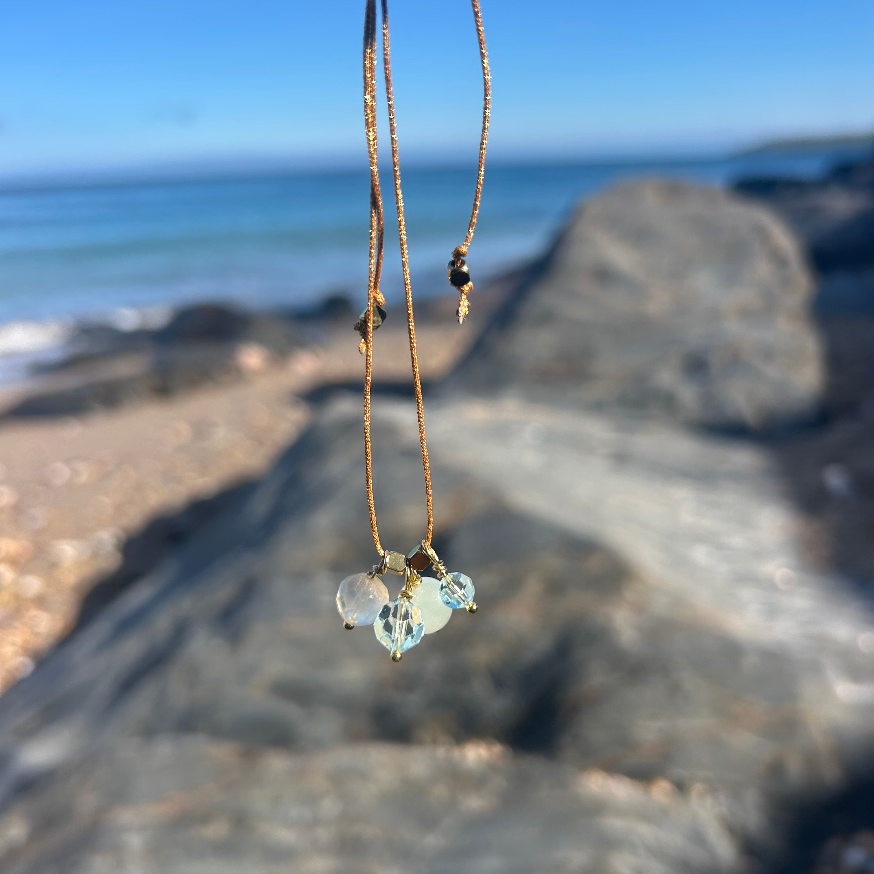Sea Glass Inspired Semi Precious Gemstone Cluster Necklace (sparkle golden cord)