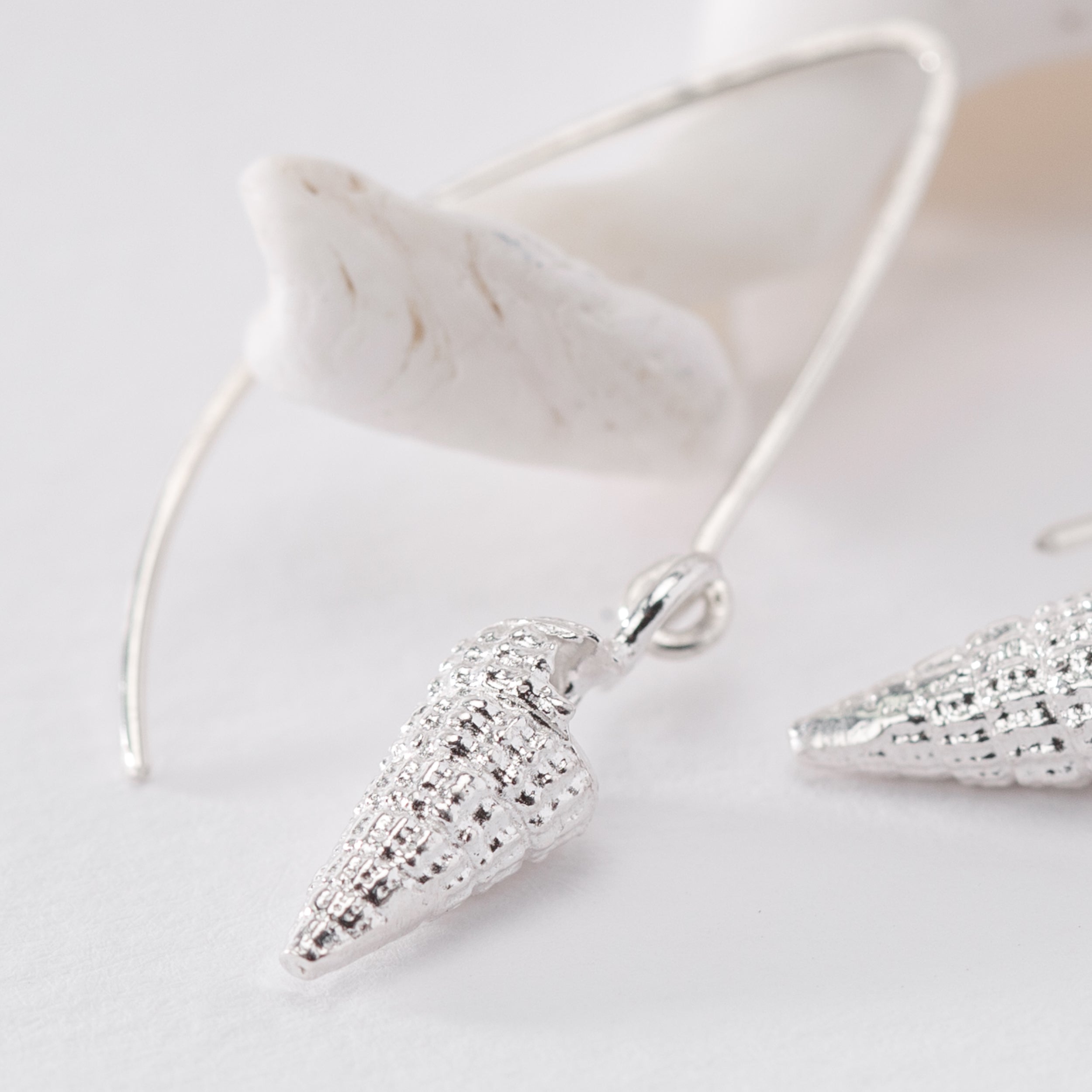 Salcombe Estuary Spiral Snail Shell Drop Earrings (Silver Wire)
