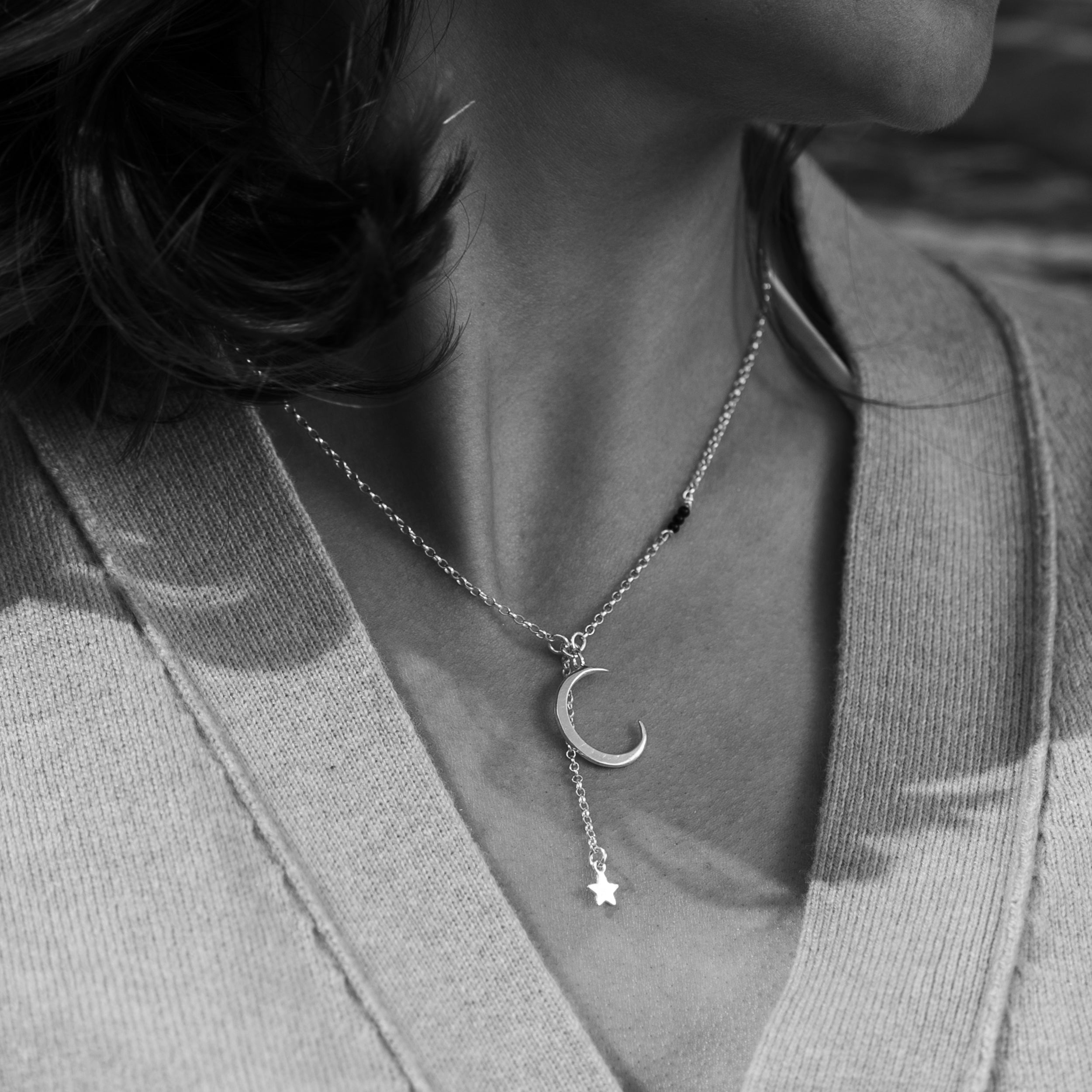 Celestial Moon & Shooting Star Pendant Necklace (Silver Chain)
