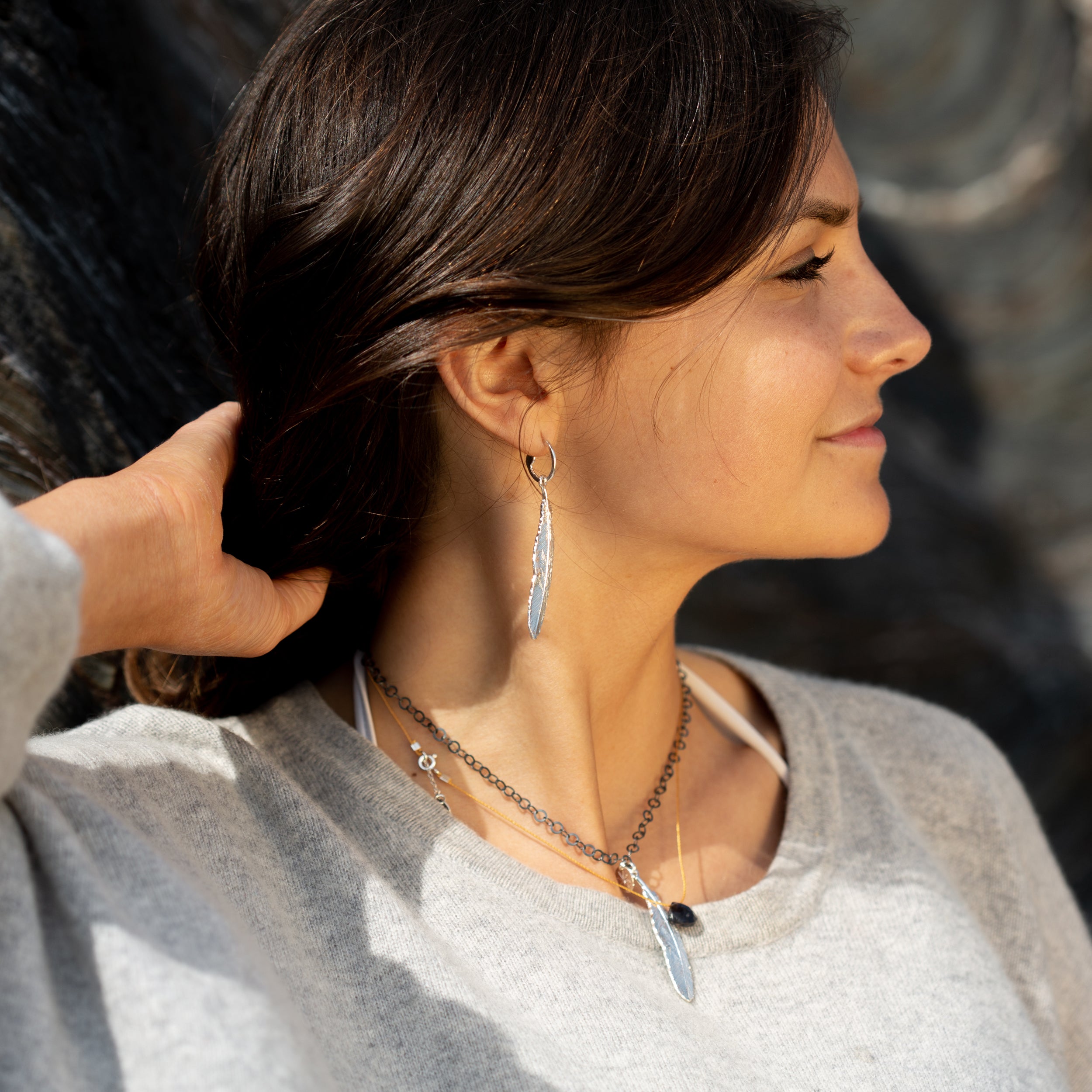 South Hams Silver Feather Pendant Necklace (Oxidised Circle Chain)