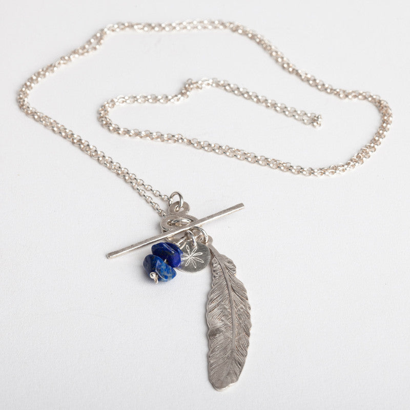 South Hams Silver Feather Pendant Necklace (Long Chain & Lapis Lazuli)