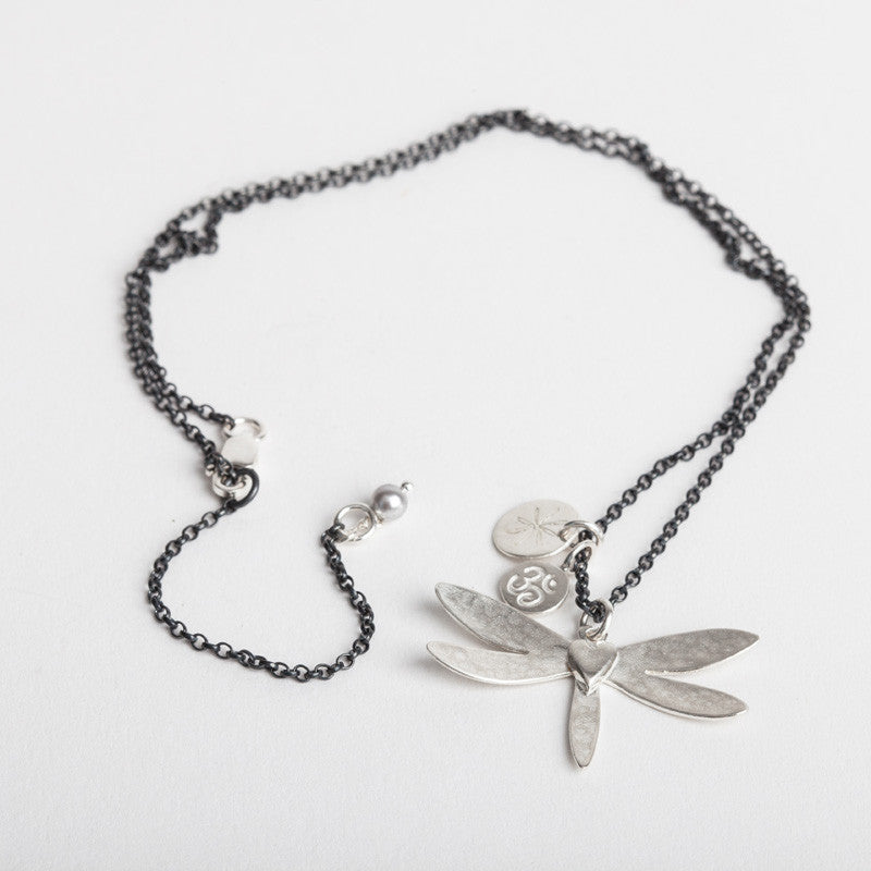 Dragonfly Heart Pendant Necklace (Silk Cord)