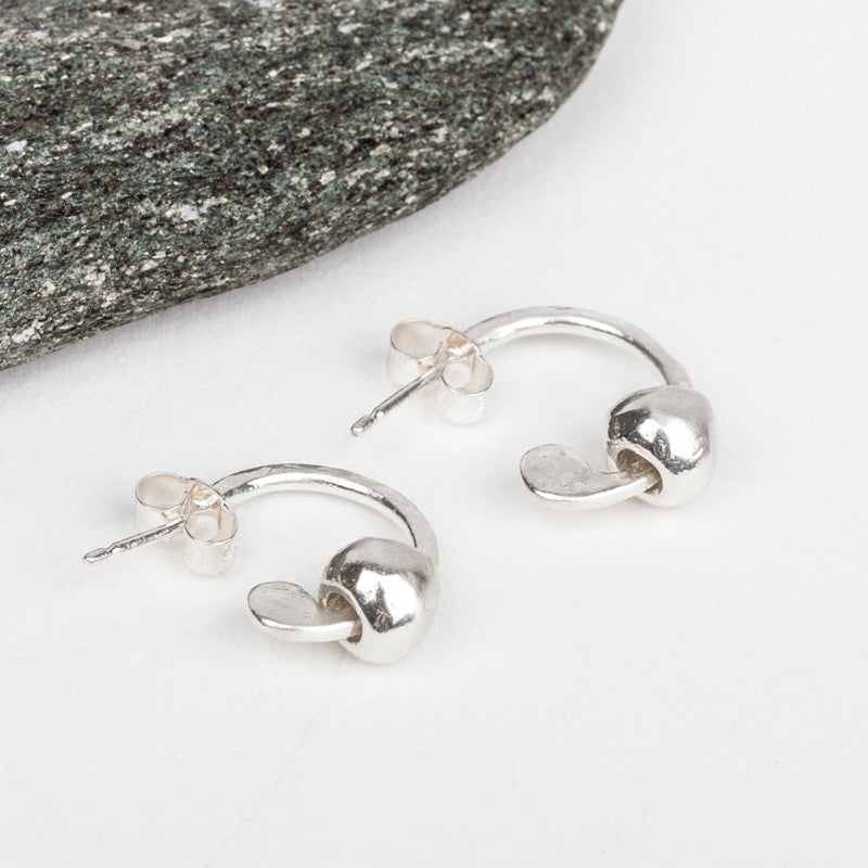 Beach Pebble Bead Half Hoop Earrings (Silver)