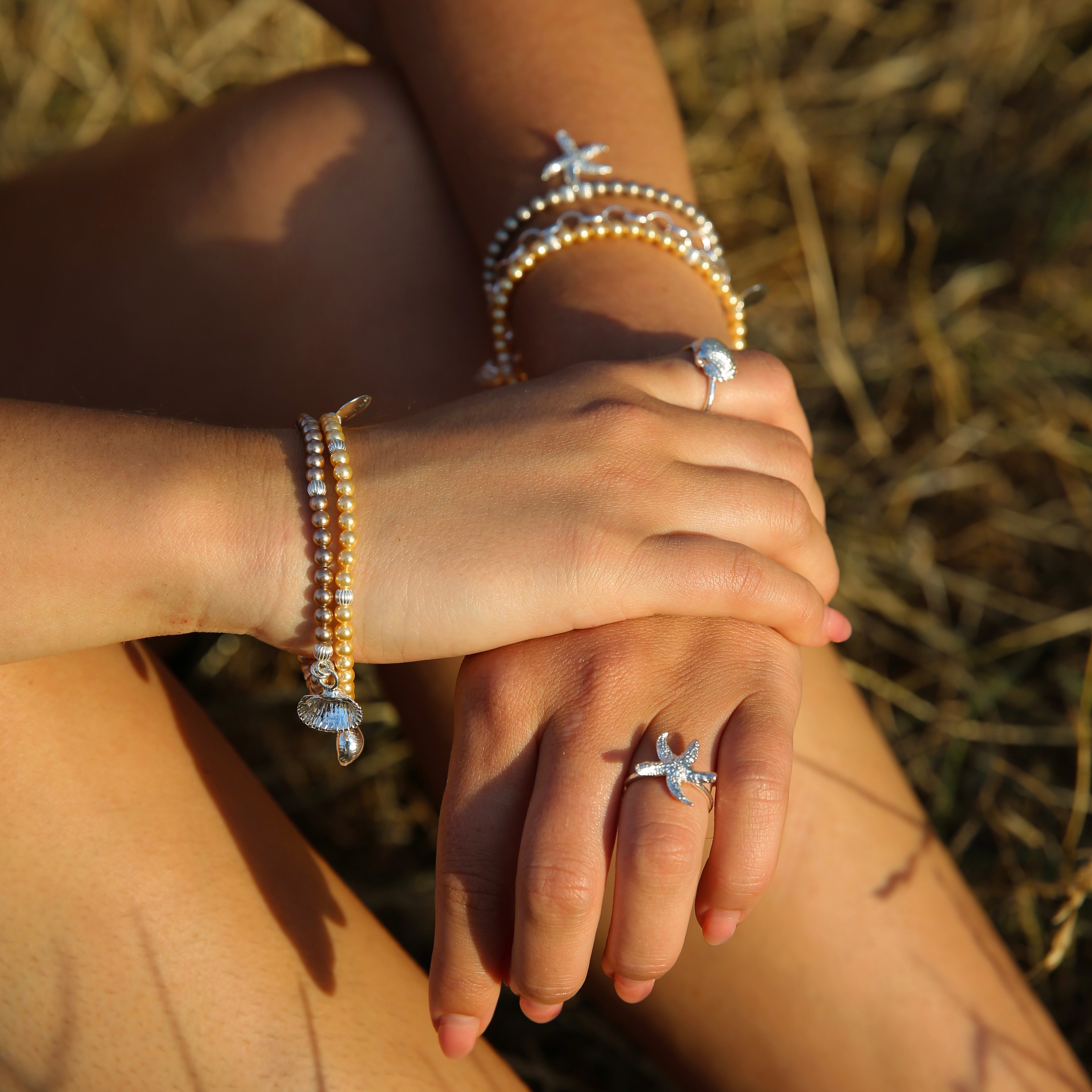 Textured Torcross Starfish & Swarovski Pearl Bracelet