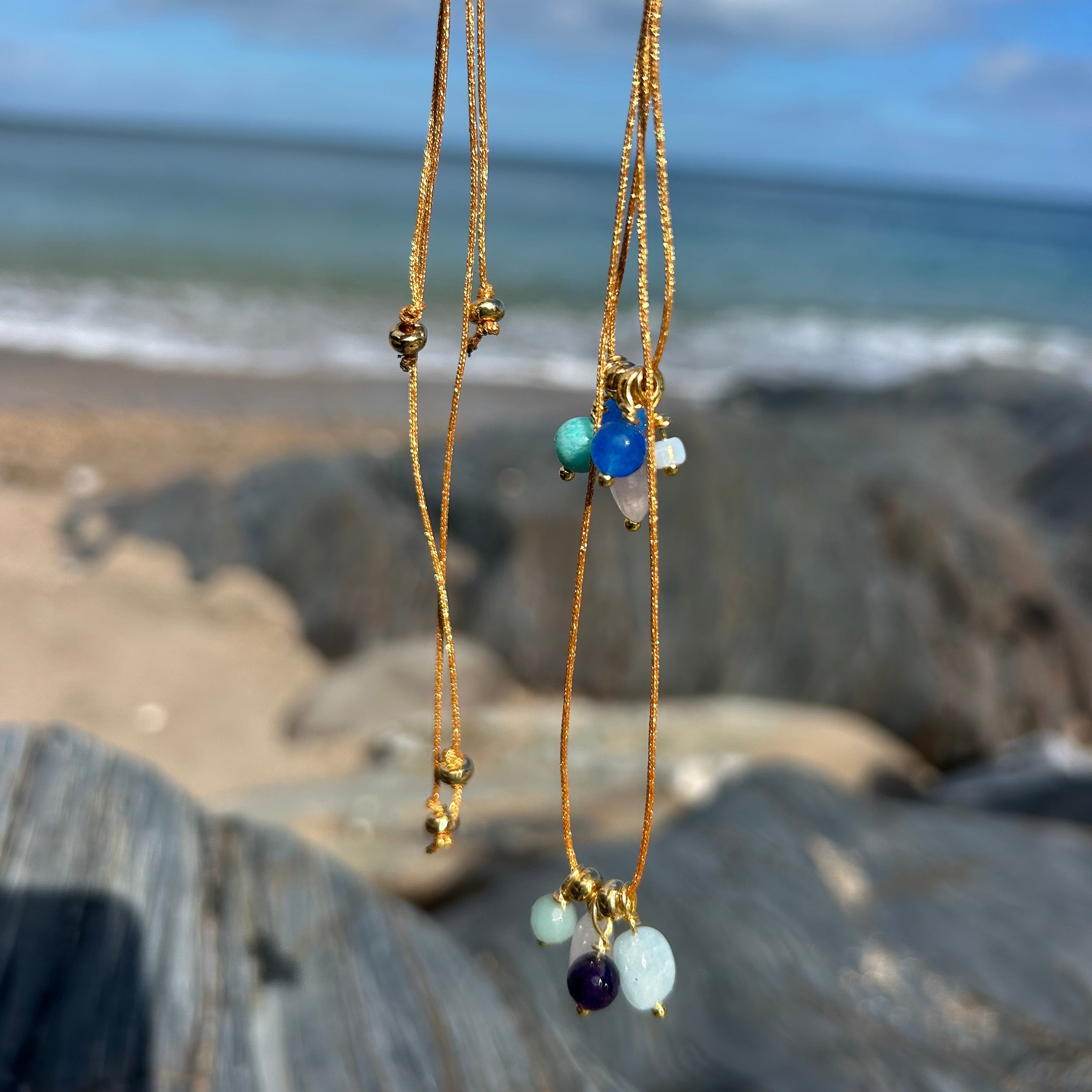 Sea Glass Inspired Semi Precious Gemstone Cluster Necklace (sparkle golden cord)