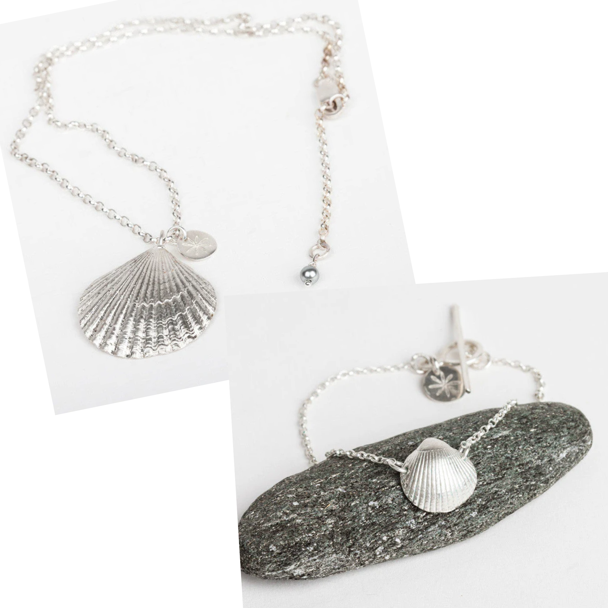 Bantham scallop shell silver necklace and bracelet jewellery set by Helen Butler Designs