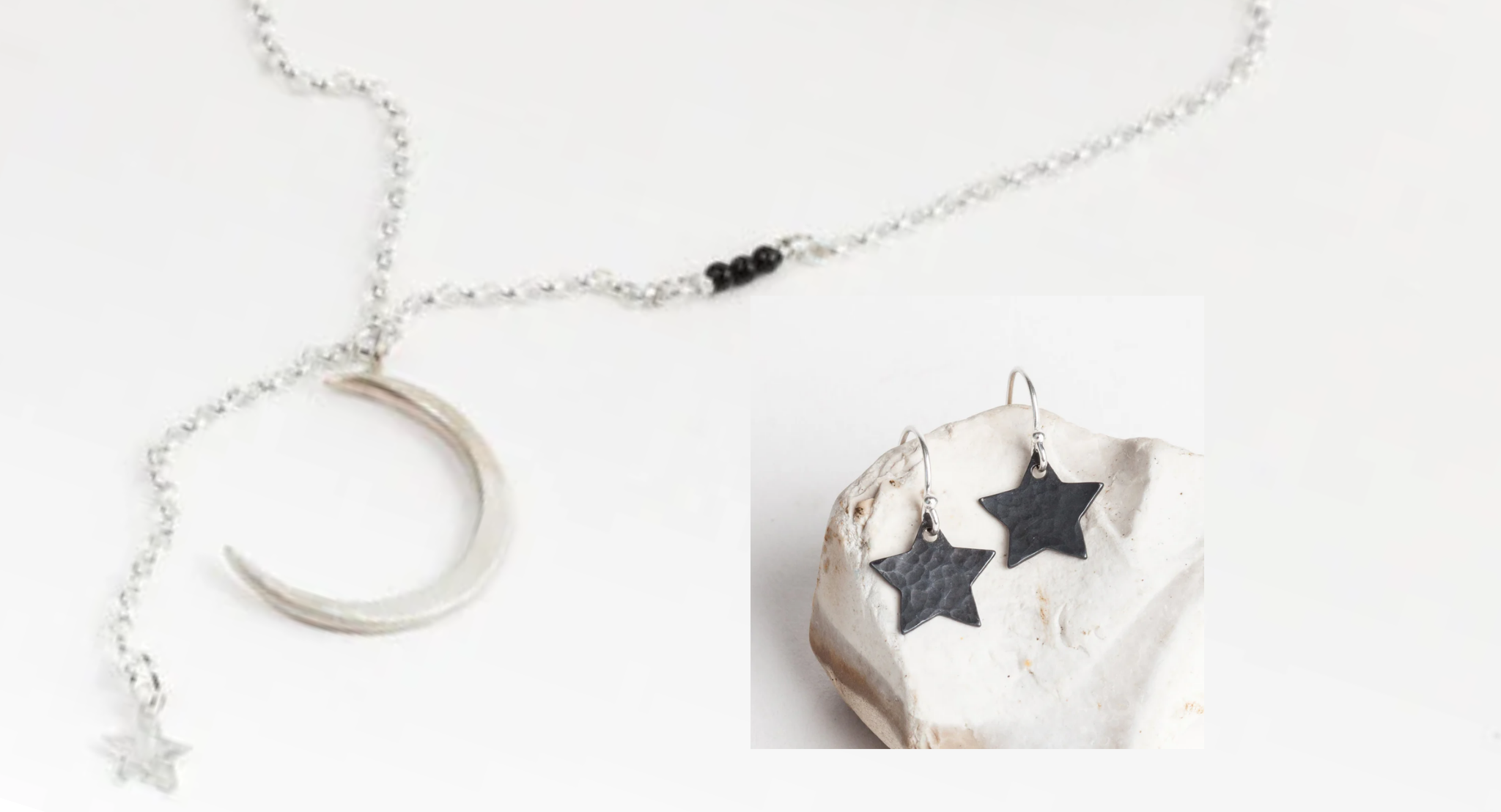 Celestial silver star and moon necklace and earrings jewellery set by Helen Butler Designs