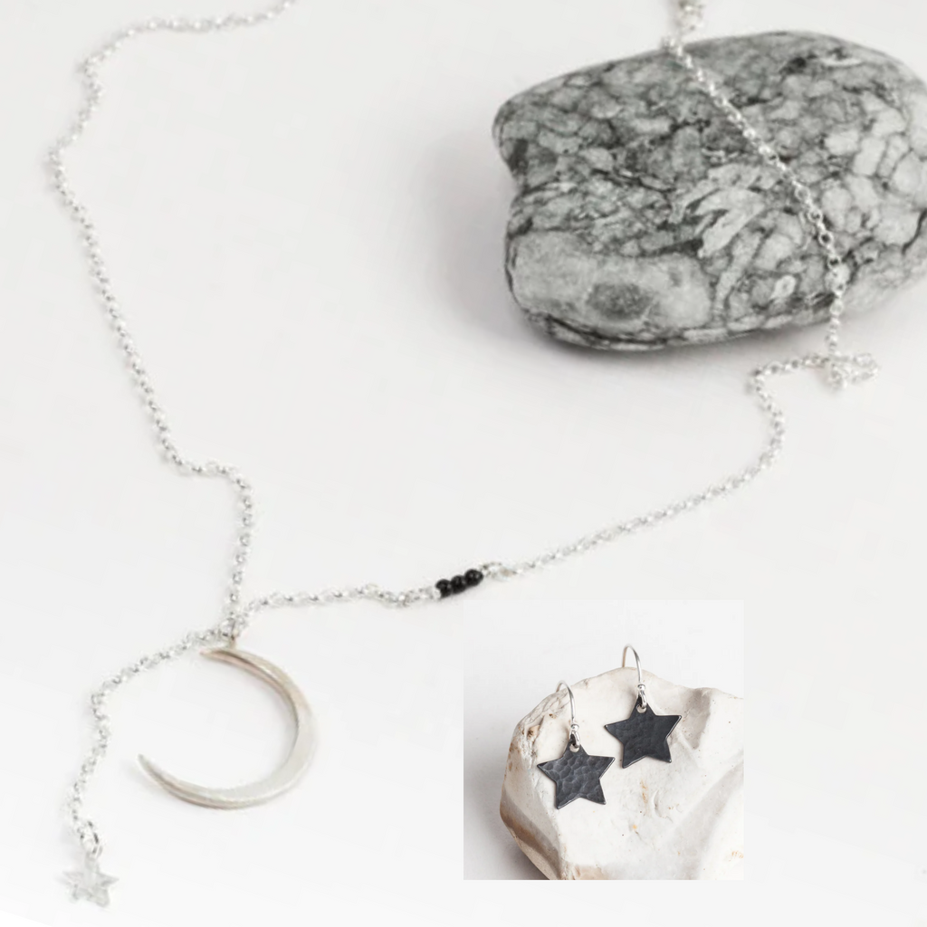 Celestial silver star and moon necklace and earrings jewellery set by Helen Butler Designs
