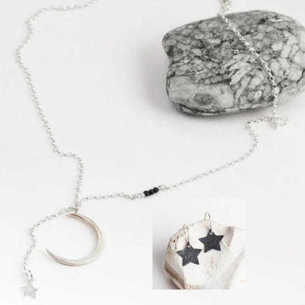 Celestial silver star and moon necklace and earrings jewellery set by Helen Butler Designs