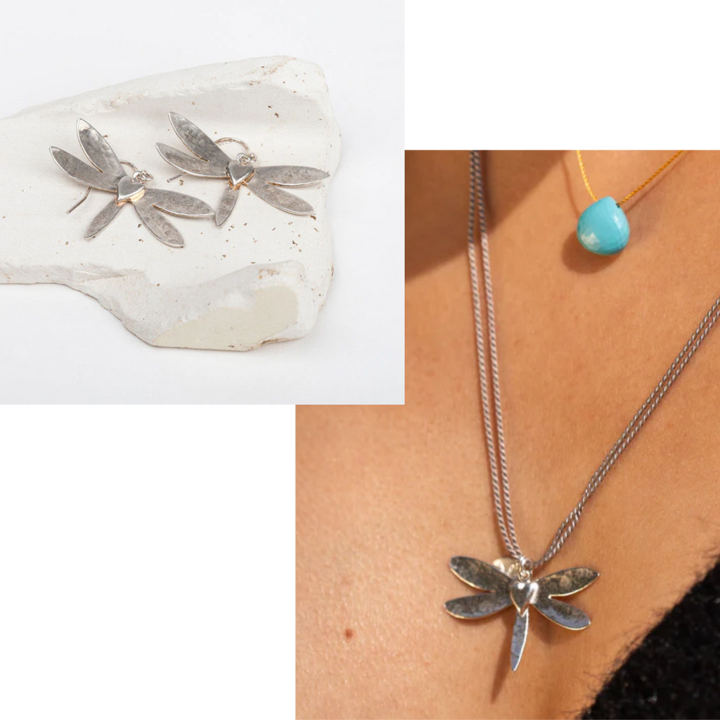 Dragonfly heart silver necklace and earrings jewellery set by Helen Butler Designs