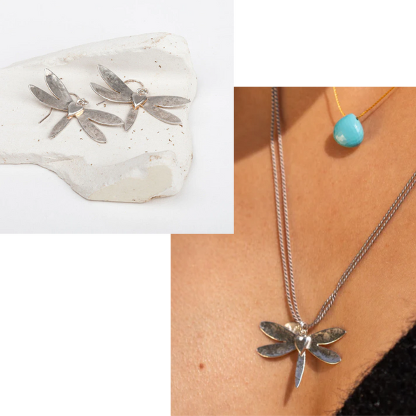 Dragonfly heart silver necklace and earrings jewellery set by Helen Butler Designs