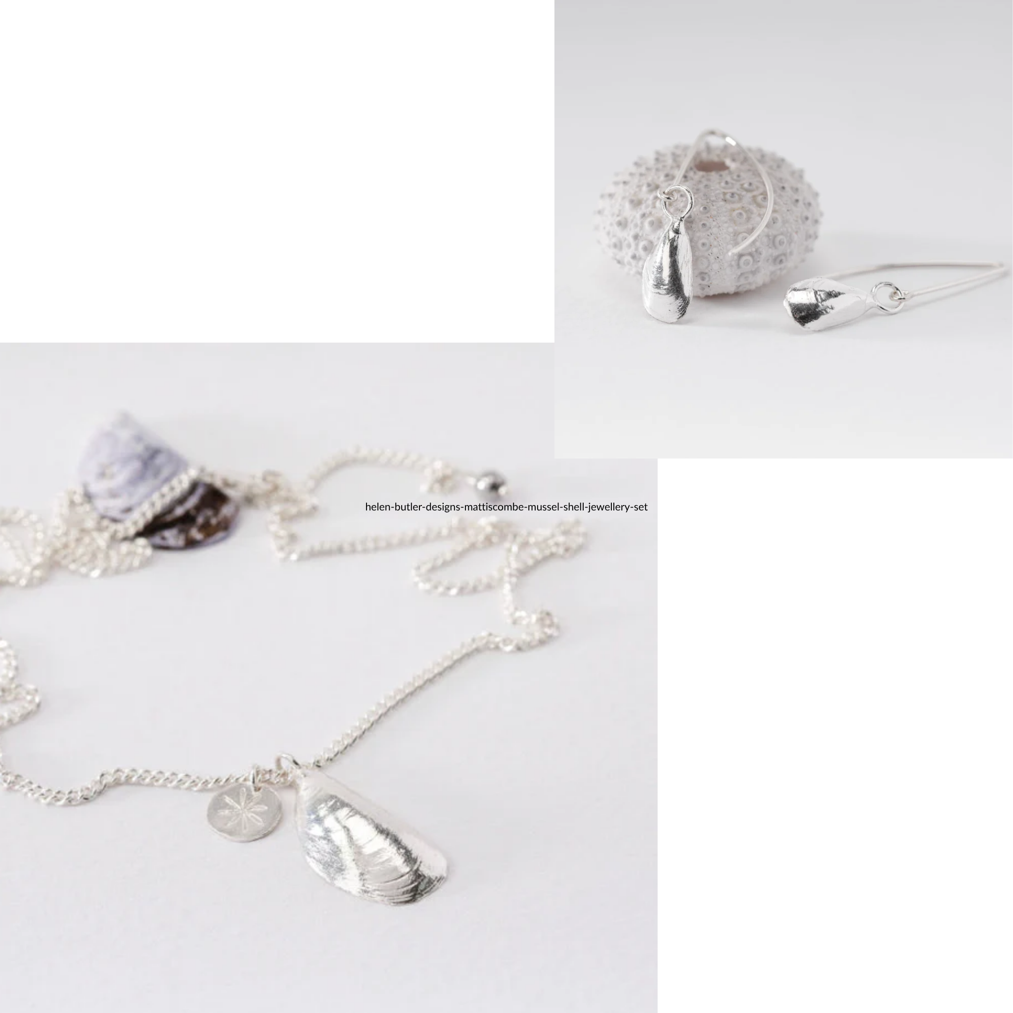 Mattiscombe mussel shell silver necklace and earrings jewellery set by Helen Butler Designs