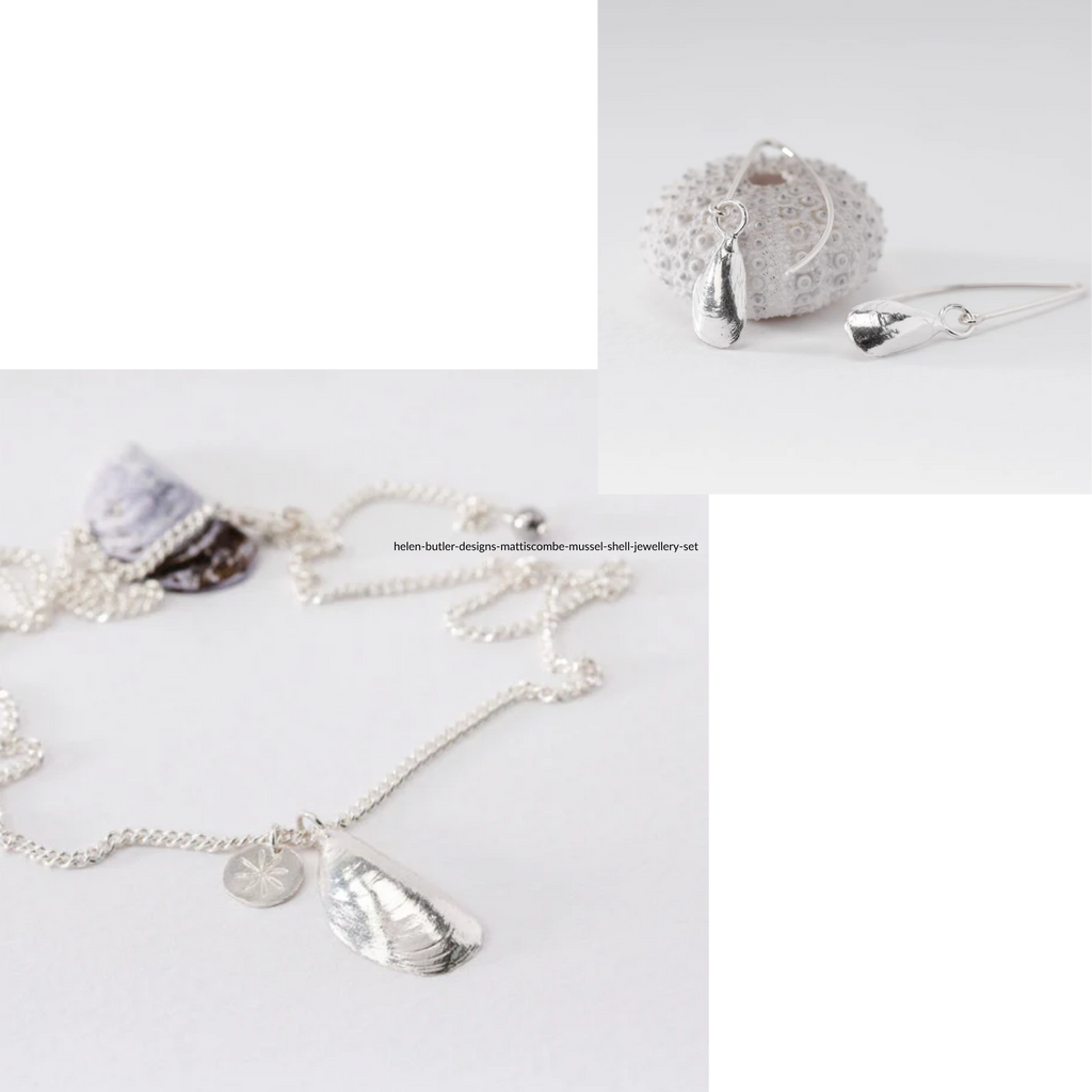 Mattiscombe mussel shell silver necklace and earrings jewellery set by Helen Butler Designs