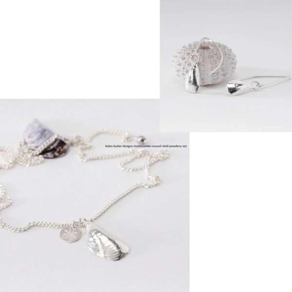 Mattiscombe mussel shell silver necklace and earrings jewellery set by Helen Butler Designs