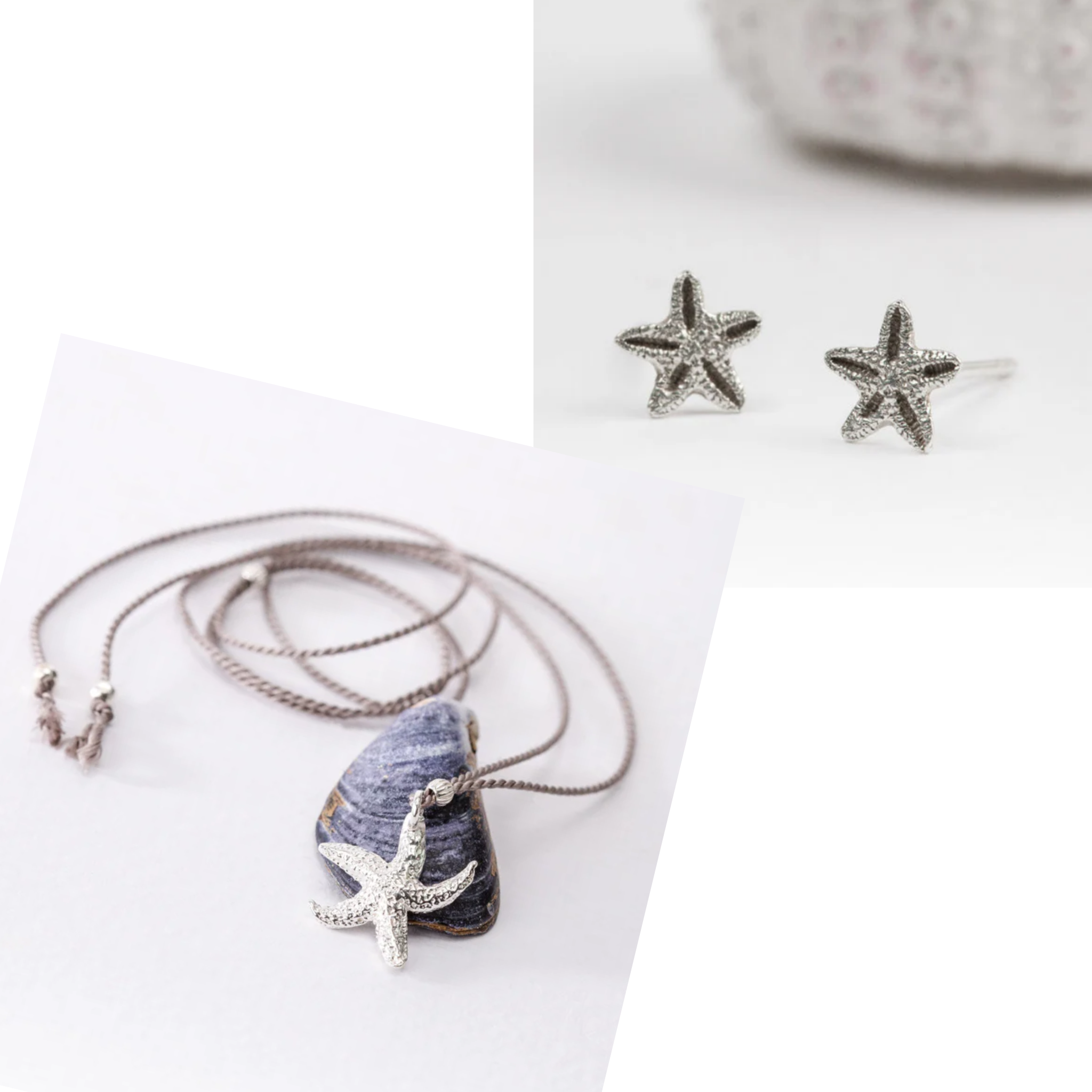 Textured Torcross starfish silver necklace and earrings jewellery set by Helen Butler Designs