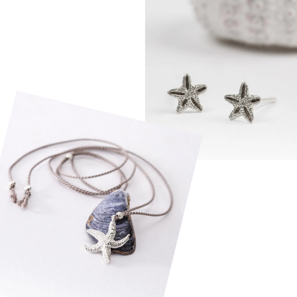 Textured Torcross starfish silver necklace and earrings jewellery set by Helen Butler Designs