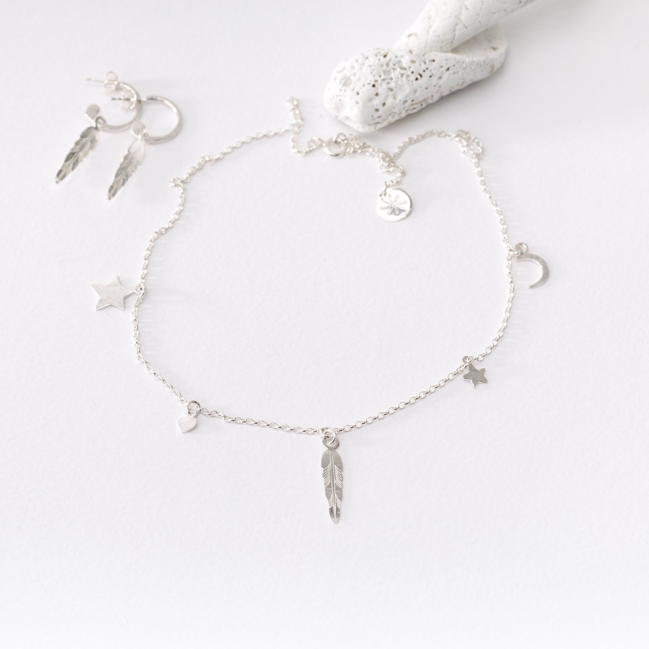 South Hams Silver Feather Charm Necklace (Satellite Chain)