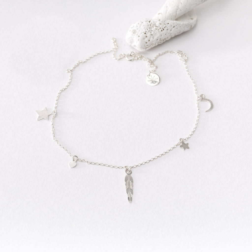 South Hams Silver Feather Charm Necklace (Satellite Chain)
