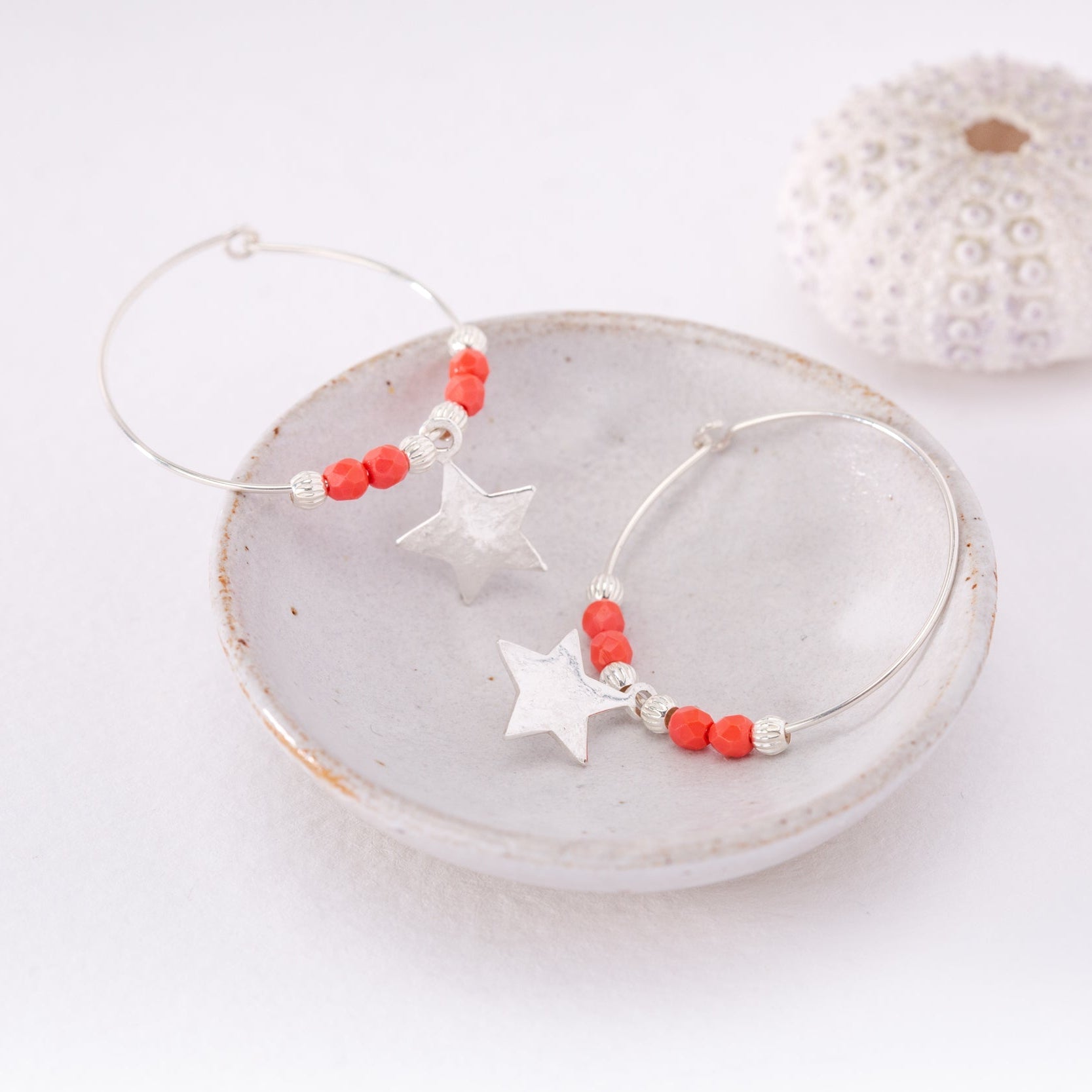 Celestial Star Hoop Earrings (Coral Beads & Silver Star)