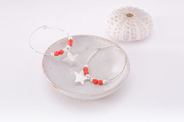 Silver Hoop Earrings with Coral beads and Silver Star