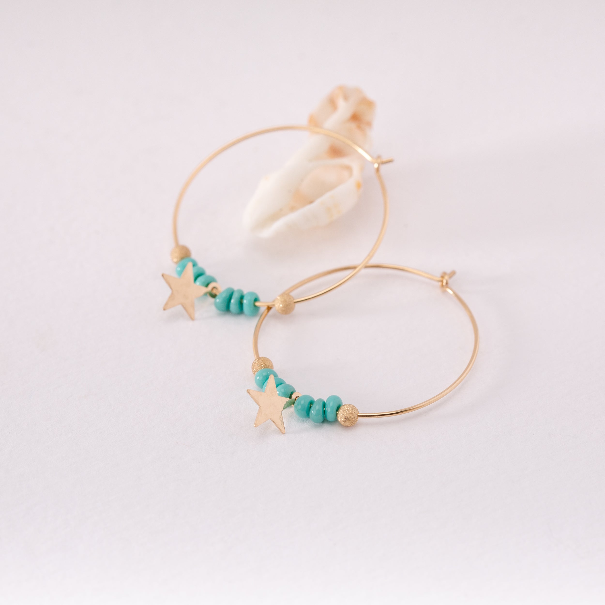 Celestial Star Hoop Earrings (Turquoise Beads & Gold Star)