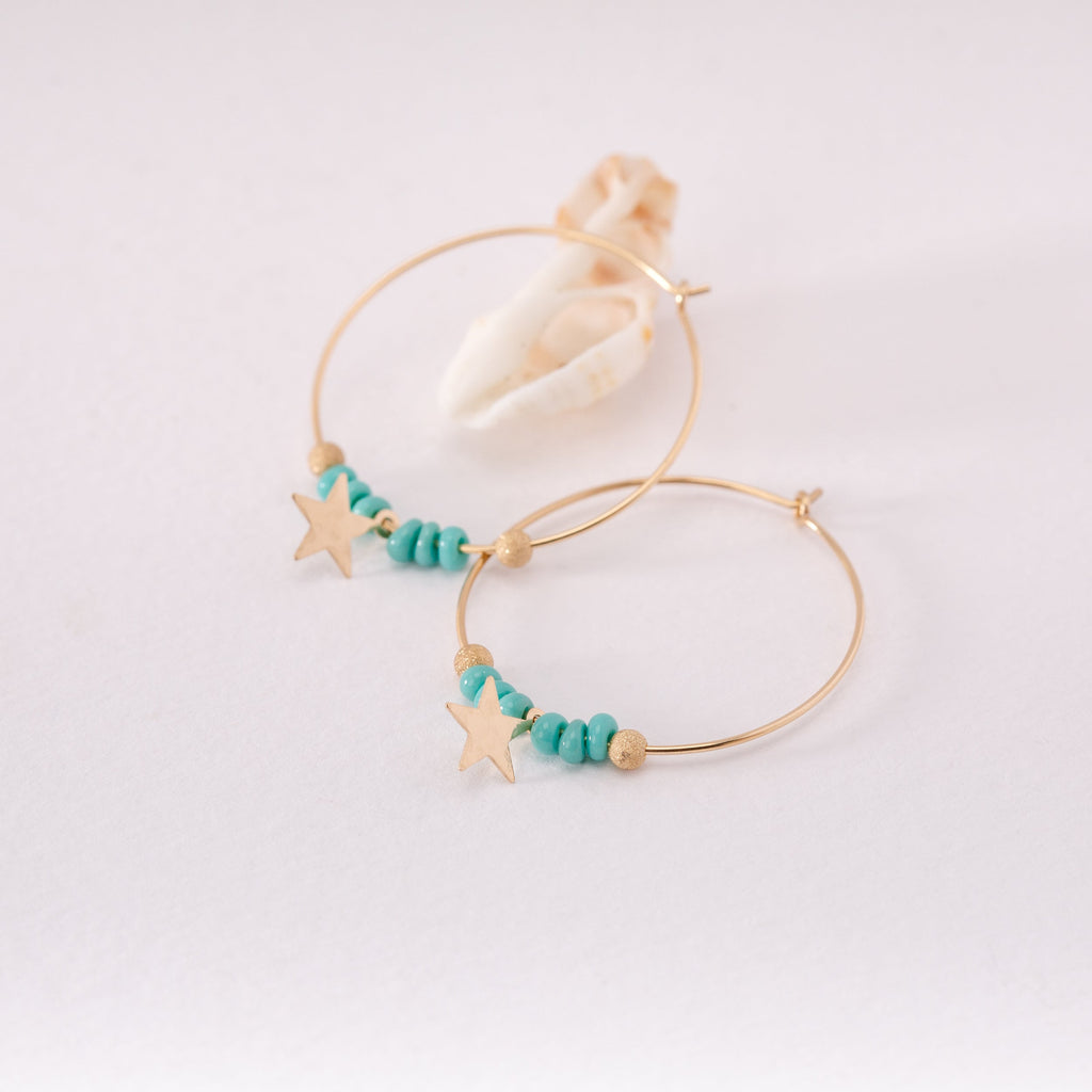 Celestial Star Hoop Earrings (Turquoise Beads & Gold Star)