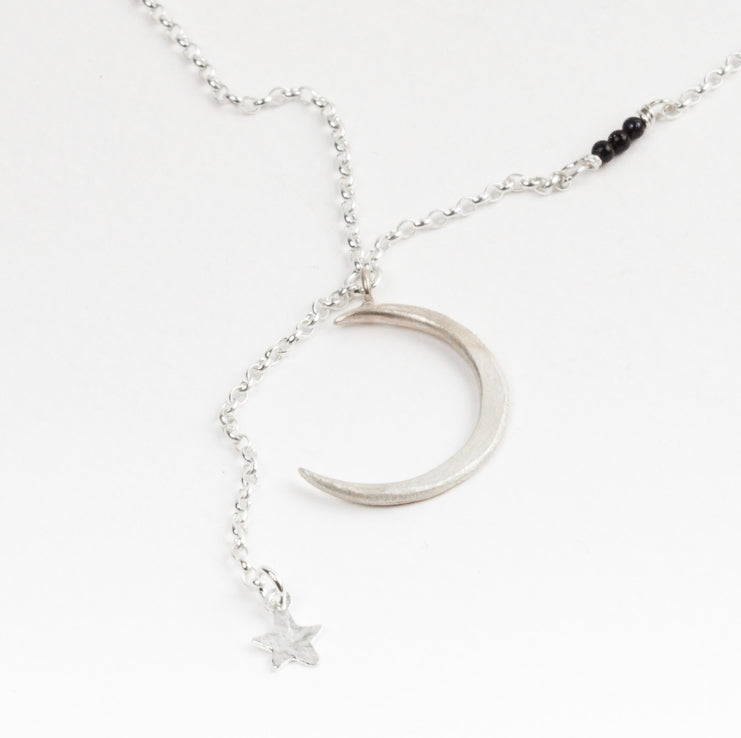 Celestial Moon & Shooting Star Pendant Necklace (Silver Chain)