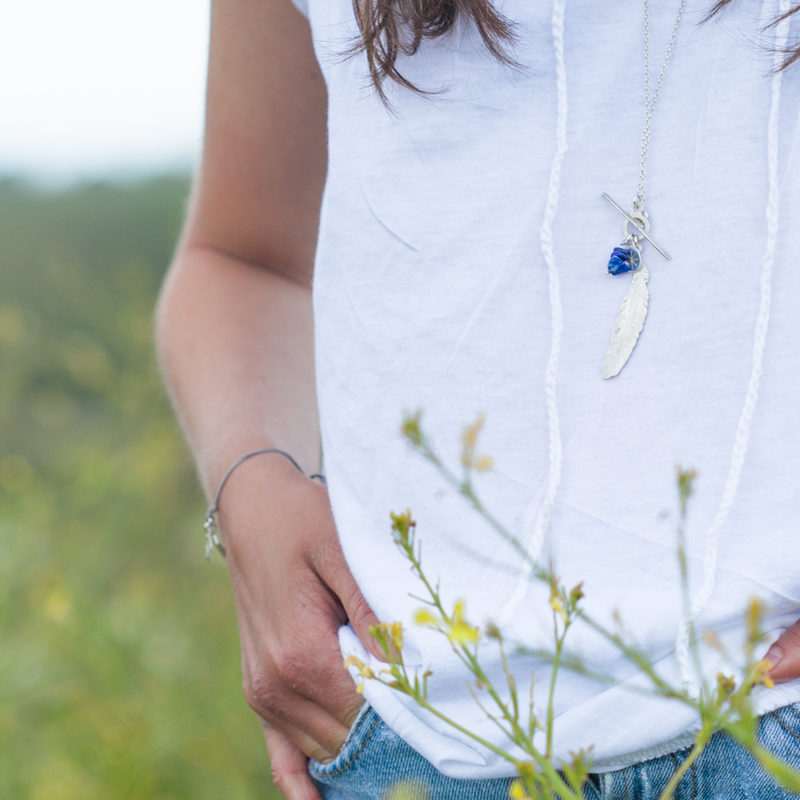 South Hams Silver Feather Pendant Necklace (Long Chain & Lapis Lazuli)