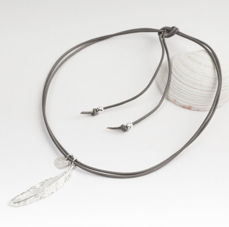 South Hams Silver Feather Choker Necklace (Leather Cord)