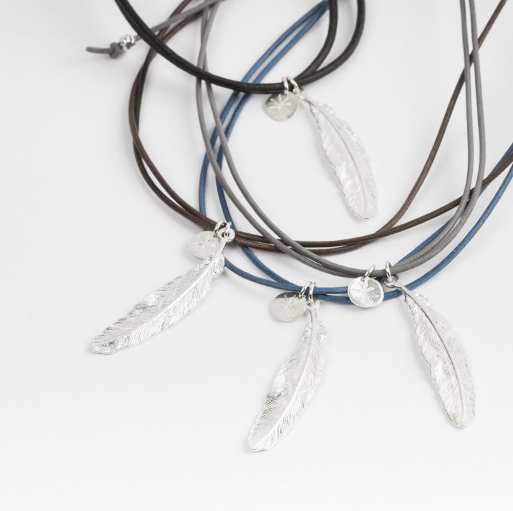 South Hams Silver Feather Choker Necklace (Leather Cord)
