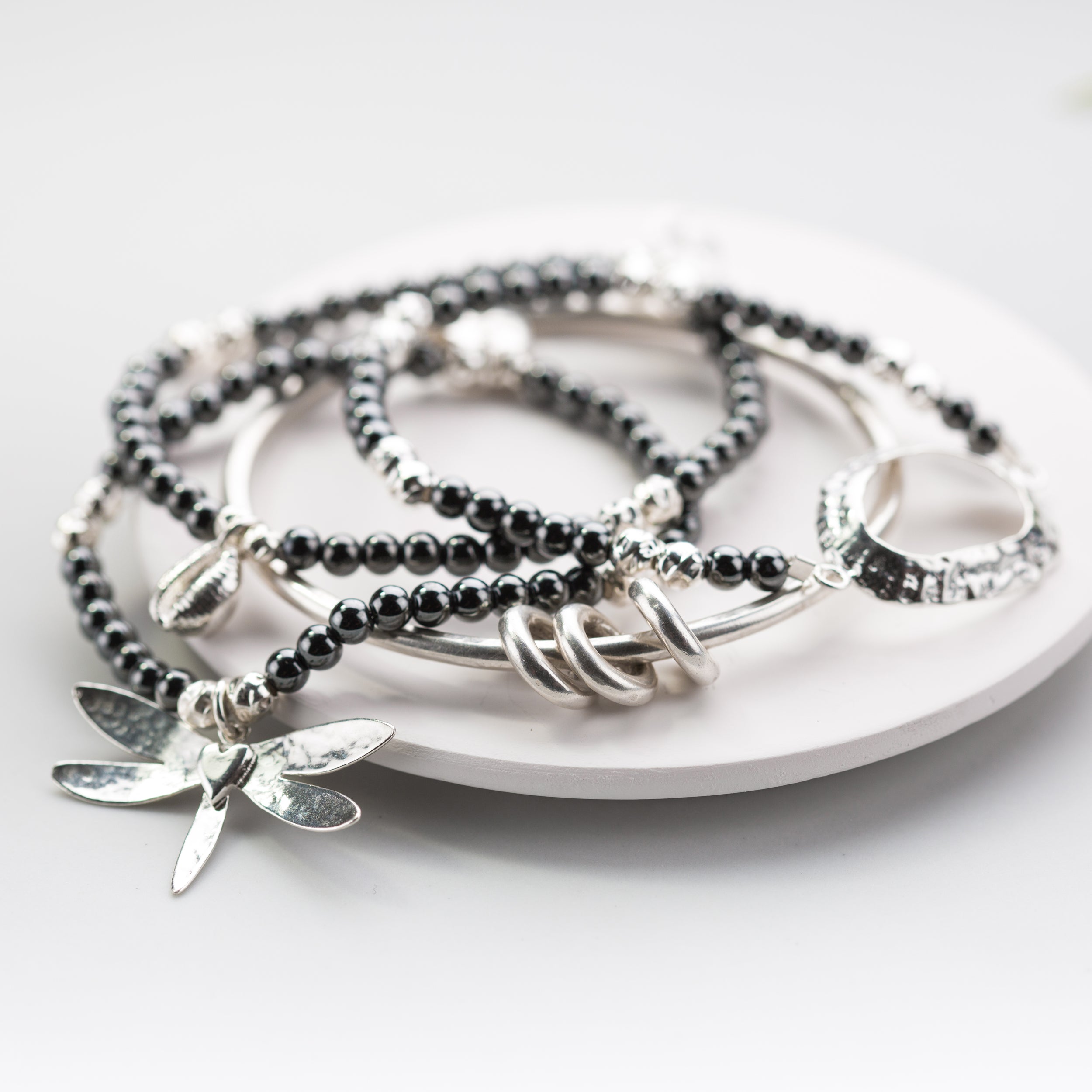 Slapton Sands Limpet Shell Gemstone Bracelet (Hematite)