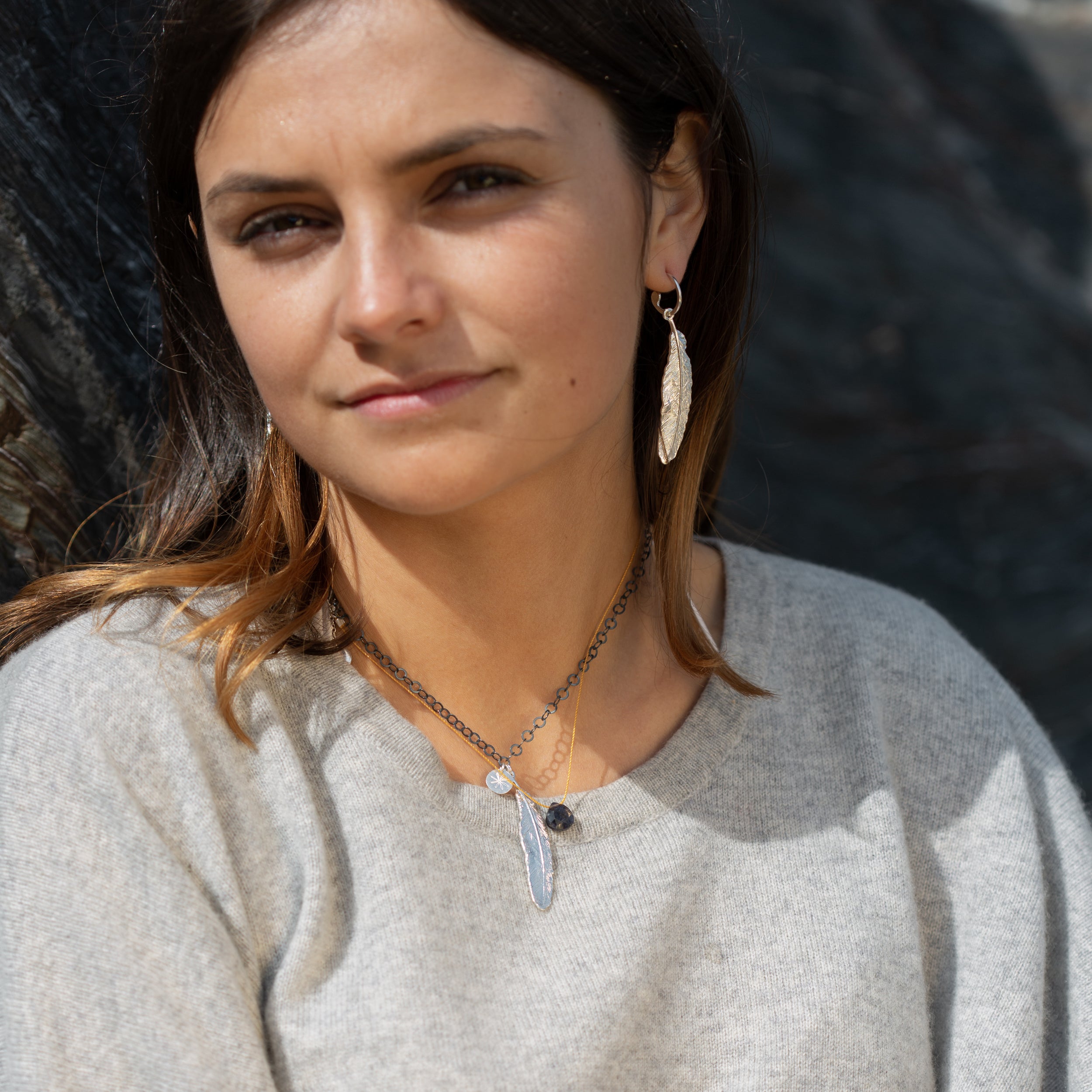 South Hams Silver Feather Pendant Necklace (Oxidised Circle Chain)