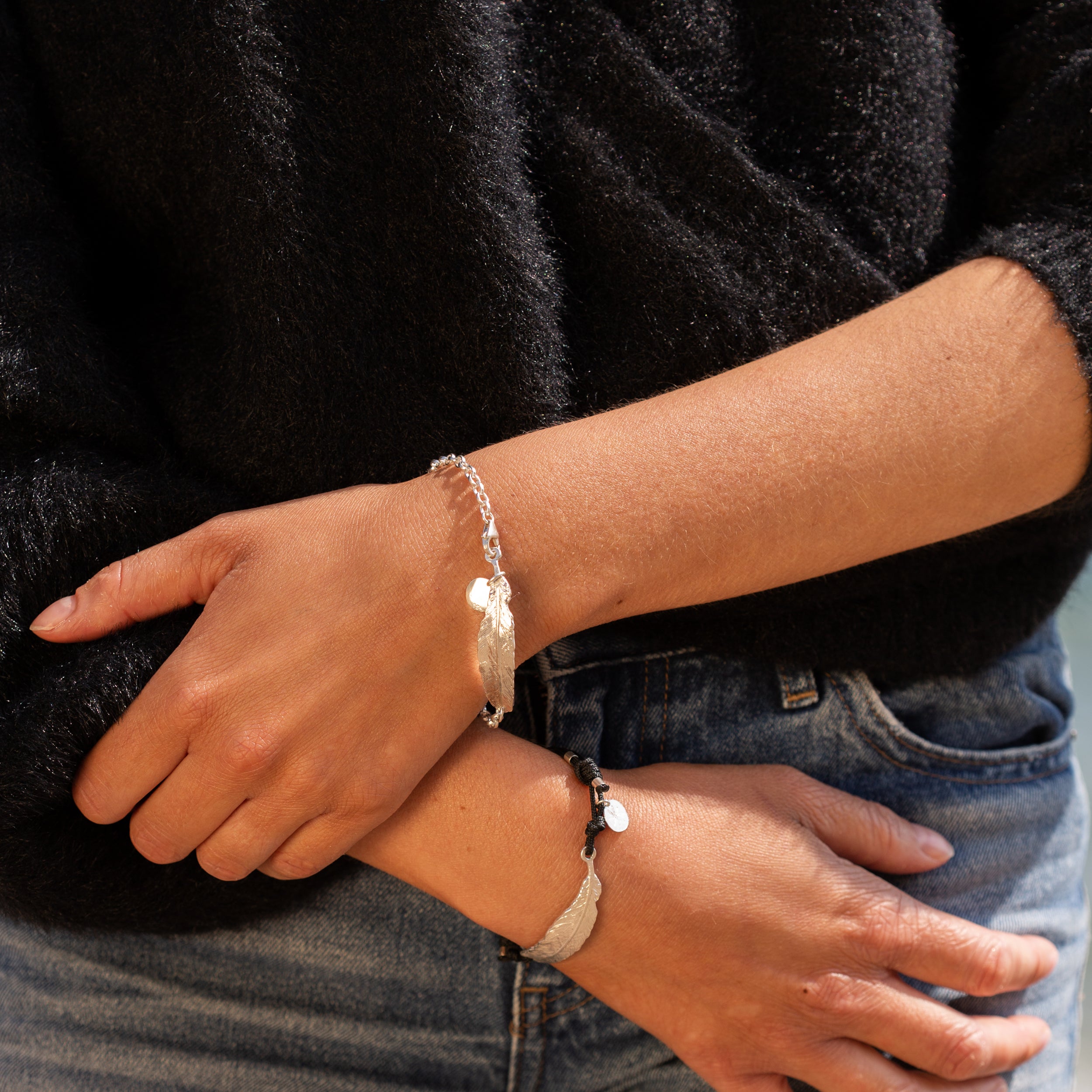 South Hams Silver Feather Bracelet (Leather Cord)