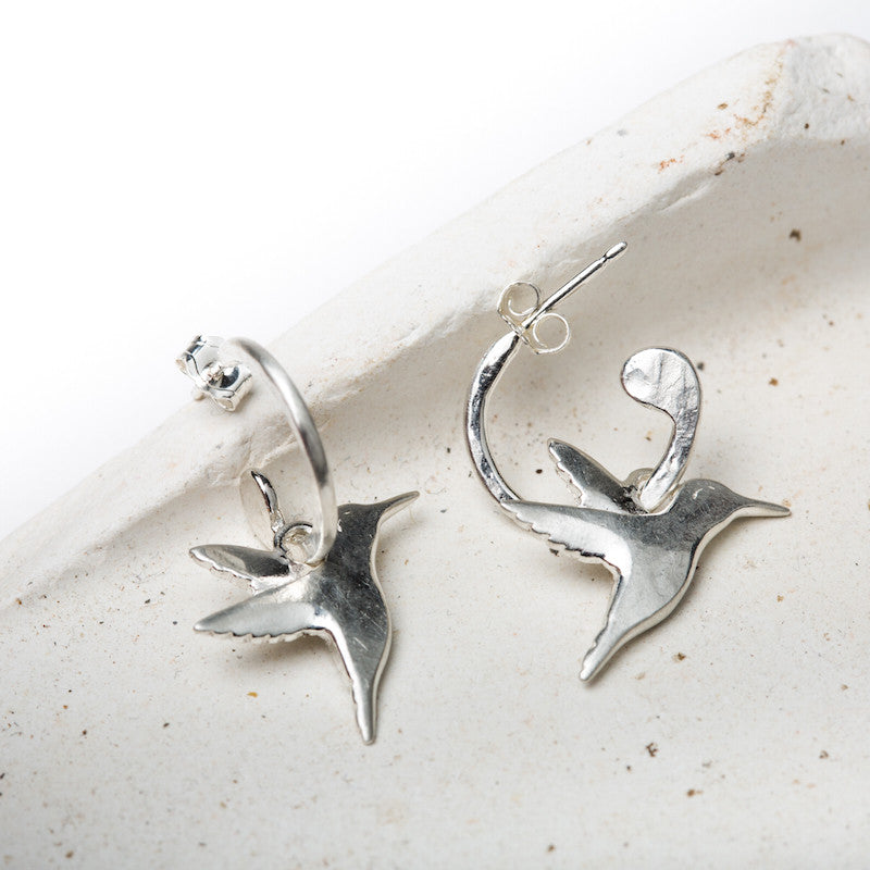 Silver Hummingbird Half Hoop Earrings (Hammered Silver)