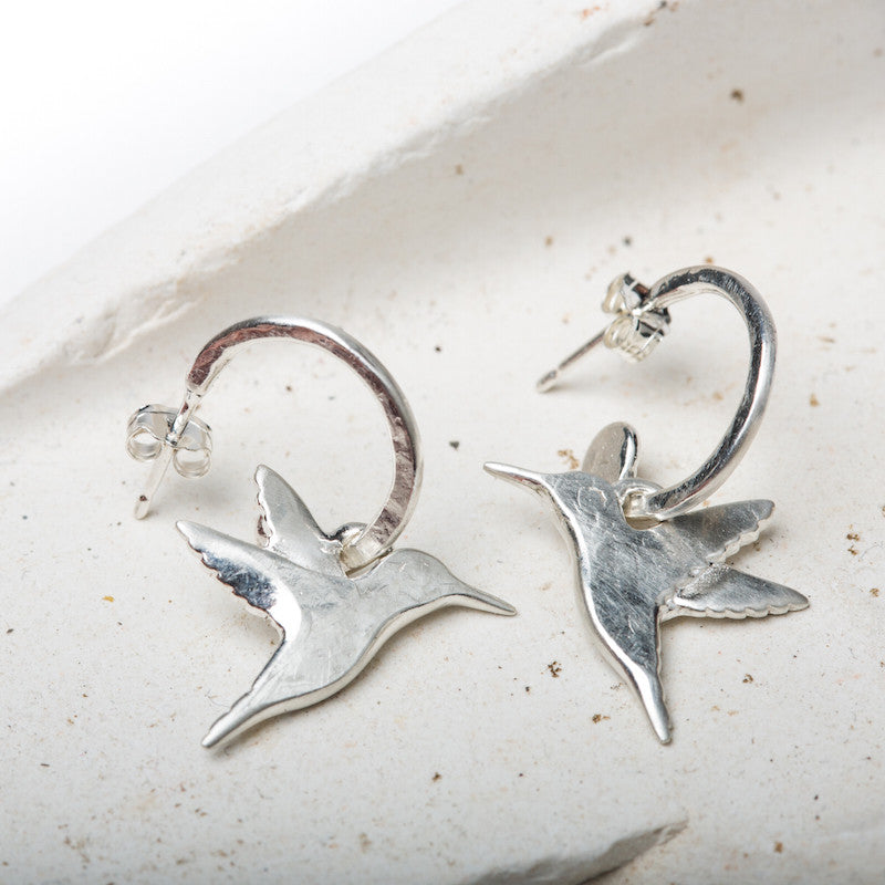 Silver Hummingbird Half Hoop Earrings (Hammered Silver)