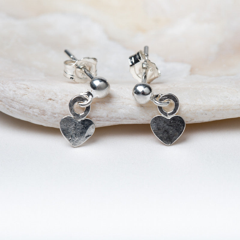 Tiny Heart Drop Stud Earrings (Silver)