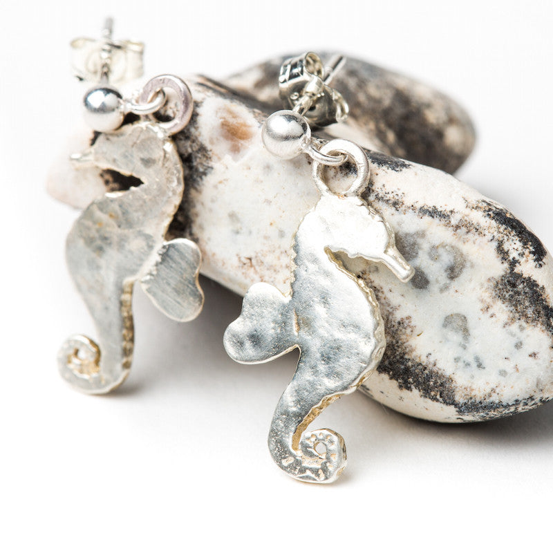 Silver Seahorse Drop Stud Earrings