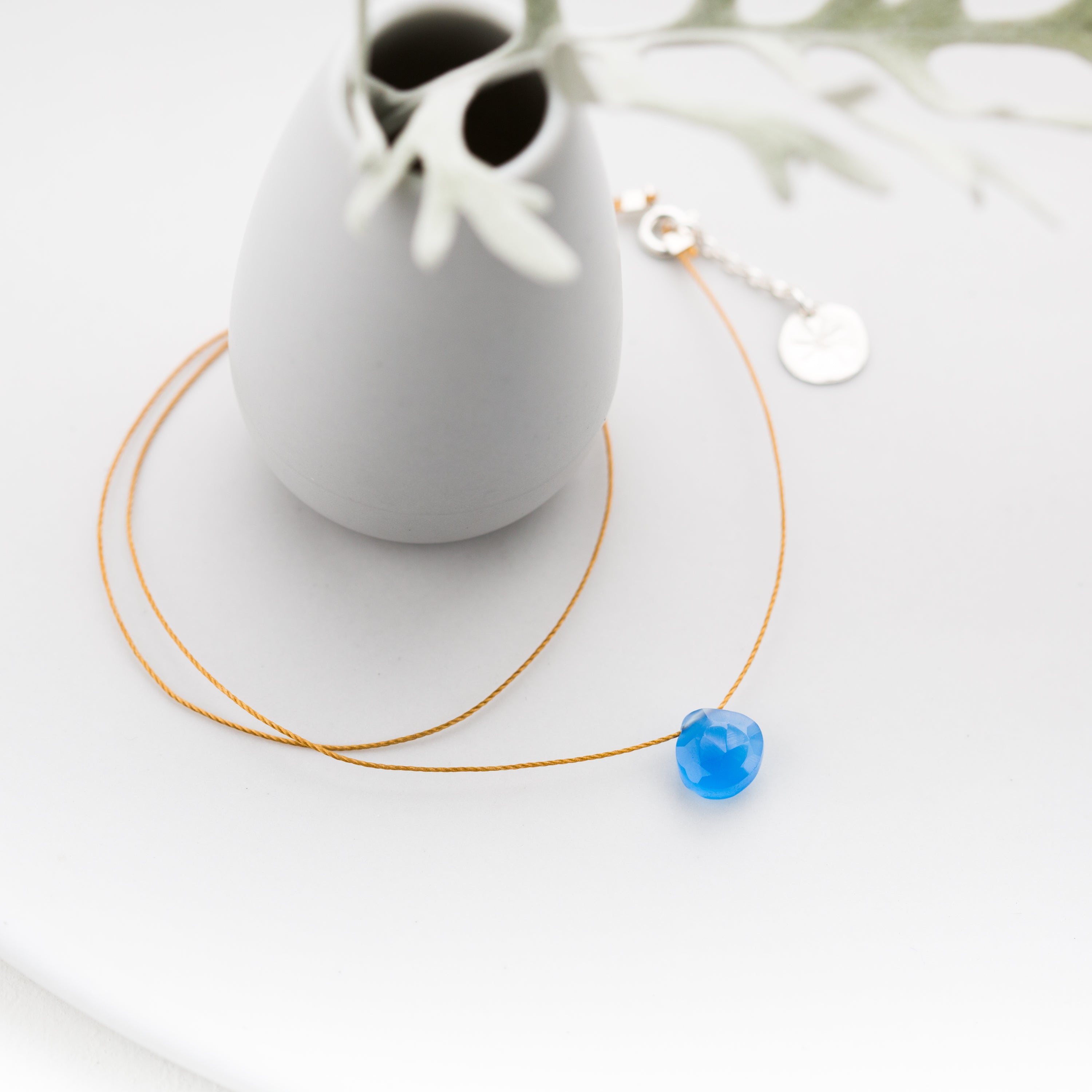 Sea Glass Inspired Blue Chalcedony Gemstone Pendant Necklace (Silk Cord)