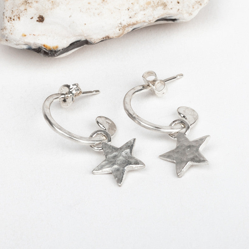 Celestial Star Half Hoop Earrings (Hammered Silver)