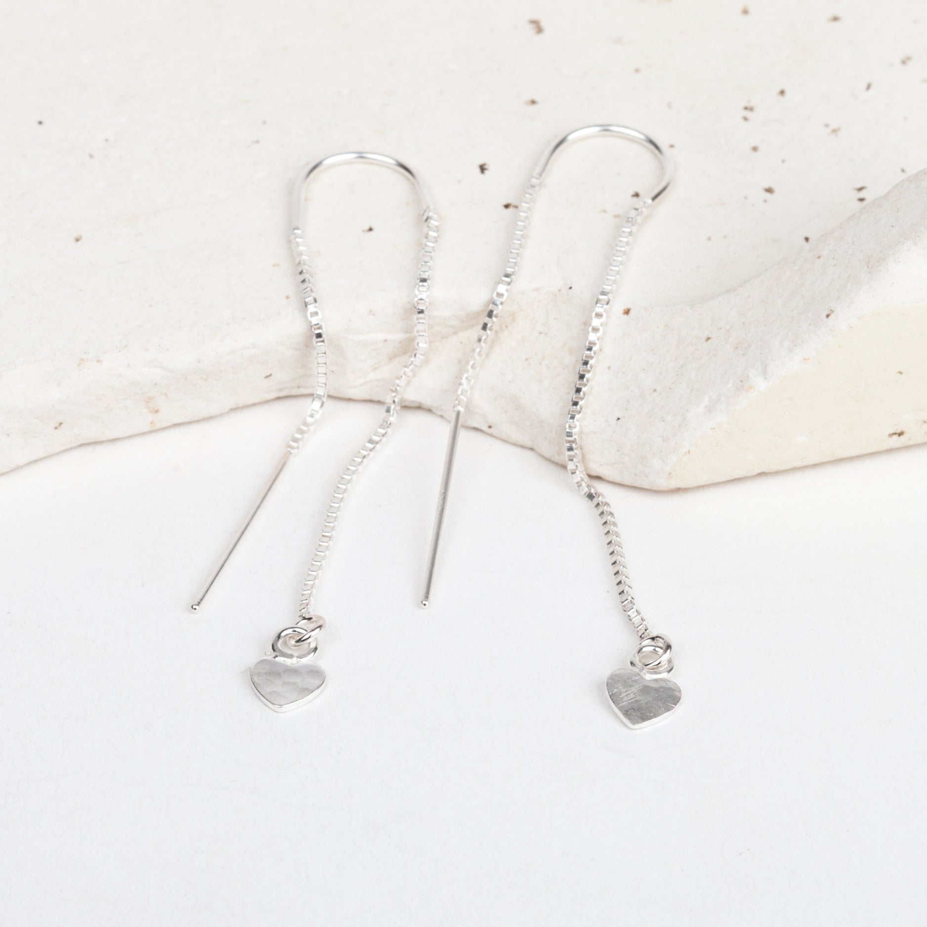 Hammered Heart String Thread Earrings (Silver Chain)