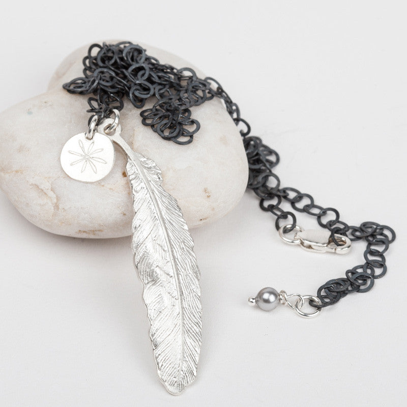 South Hams Silver Feather Pendant Necklace (Oxidised Circle Chain)