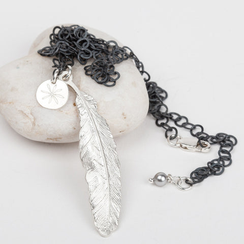 Feather on Oxidised Silver Circle Chain Necklace