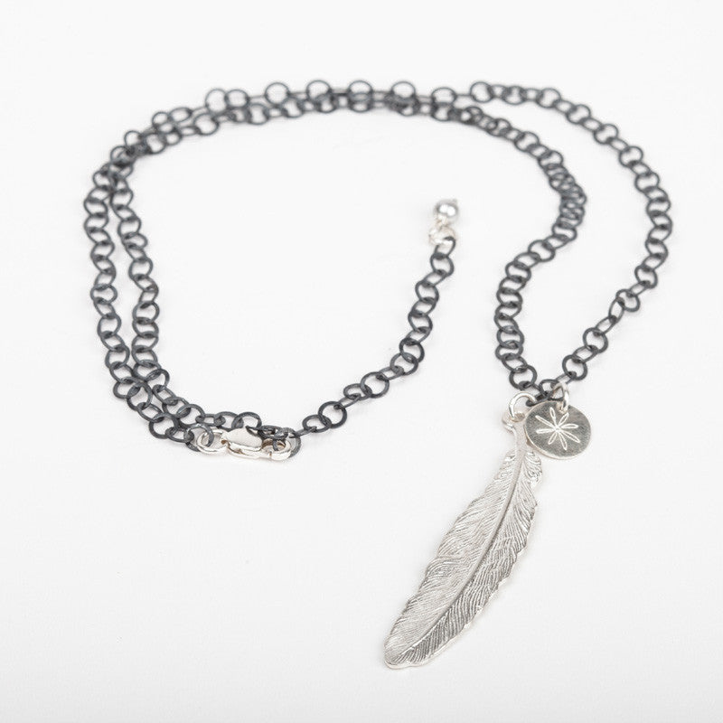 South Hams Silver Feather Pendant Necklace (Oxidised Circle Chain)