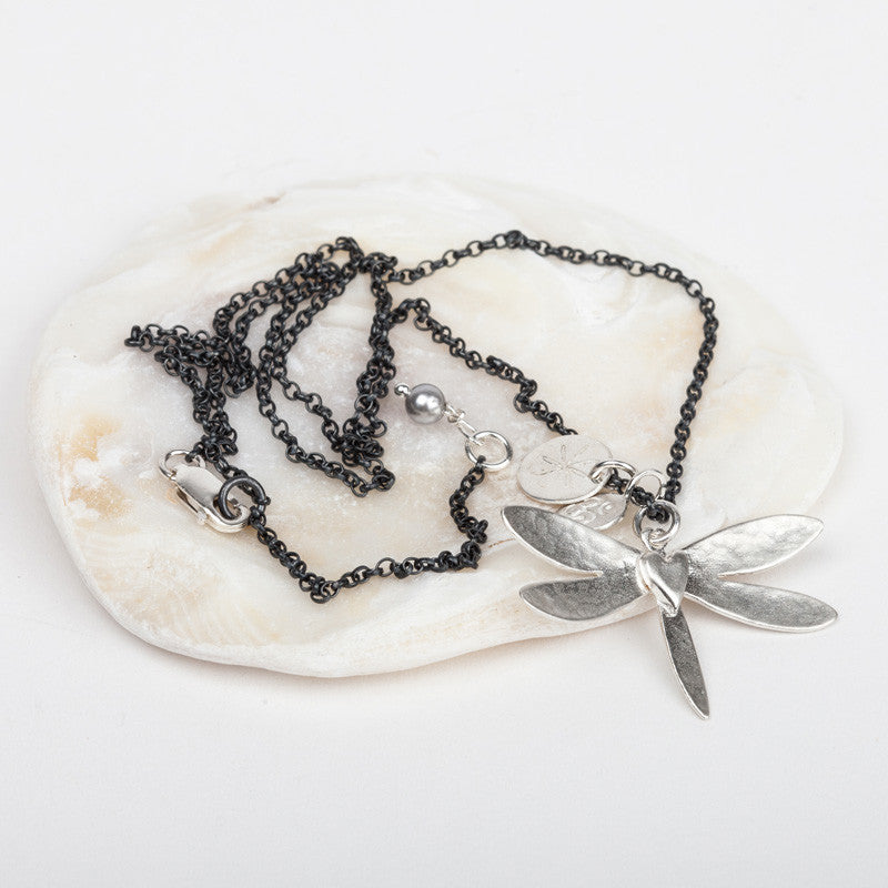 Dragonfly Heart Pendant Necklace (Silver Chain)