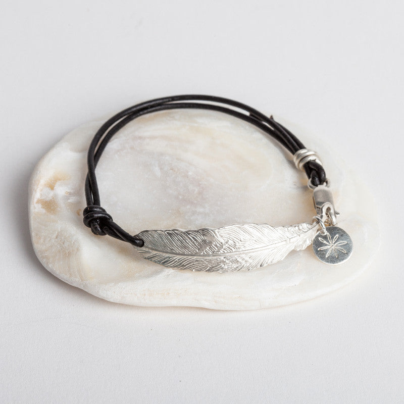 South Hams Silver Feather Bracelet (Leather Cord)
