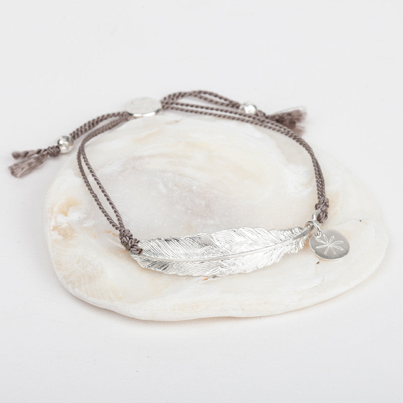 South Hams Silver Feather Bracelet (Silk Cord)