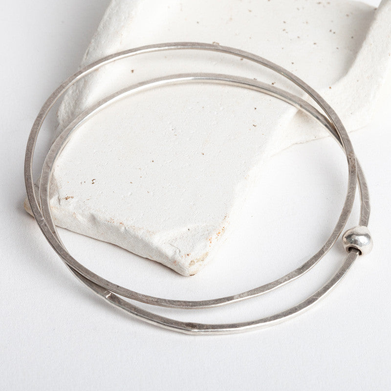 Beach Pebble Bead Double Stacking Bangle Set (Hammered Silver)