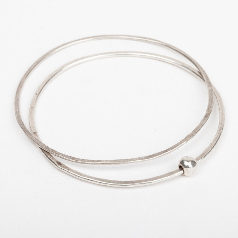 Beach Pebble Bead Double Stacking Bangle Set (Hammered Silver)
