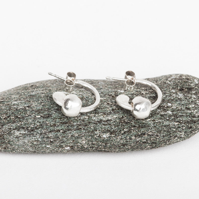 Beach Pebble Bead Half Hoop Earrings (Silver)