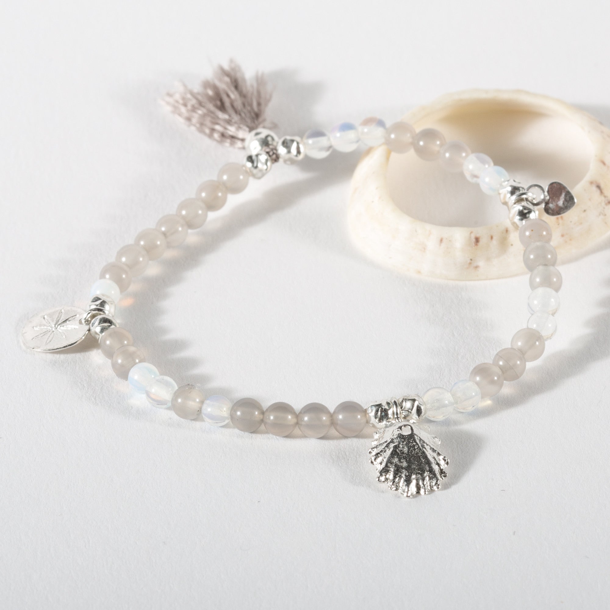 Rockpool Inspired Silver Shell Charm Stacking Bracelet (Beaded)